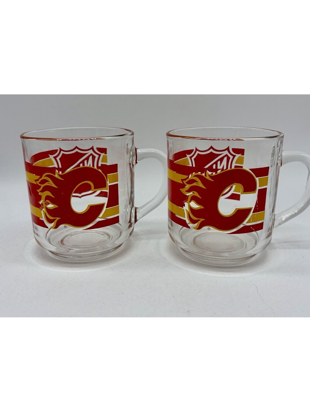 Vintage Retro NHL Calgary Flames Clear Glass Coffee Mugs Set Of 2 Luminarc Cups